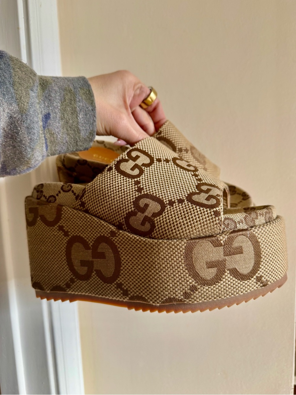 Gucci Beige Brown GG Canvas Slide Sandals